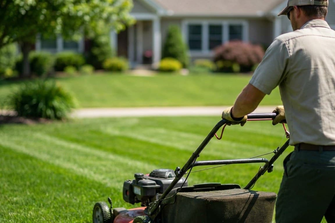 A lawn mower in action, mid-mow, on a green lawn
