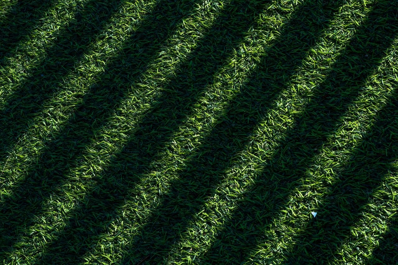Striped green grass with diagonal mowing pattern