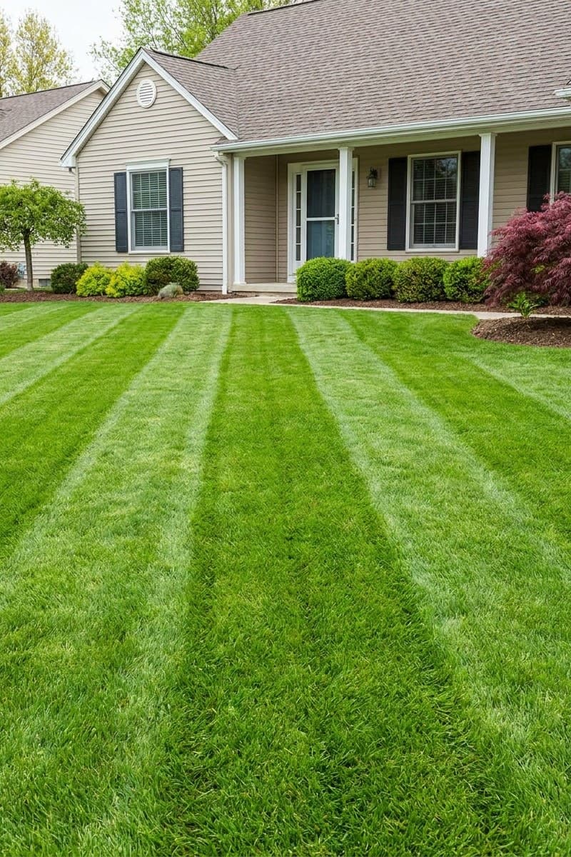 A professional mower cutting a stripe into bright green grass