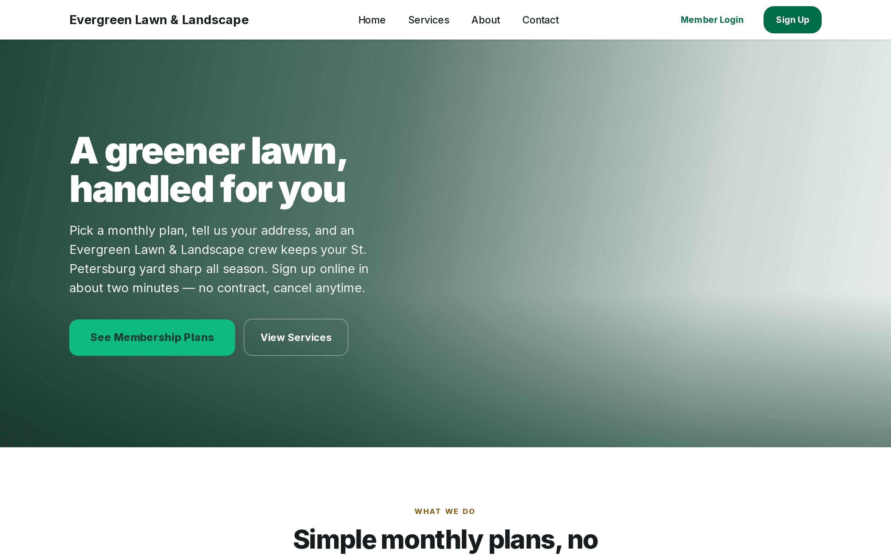 A live Ruunly lawn care business website showing plan pricing, an online sign-up button, and a client portal link